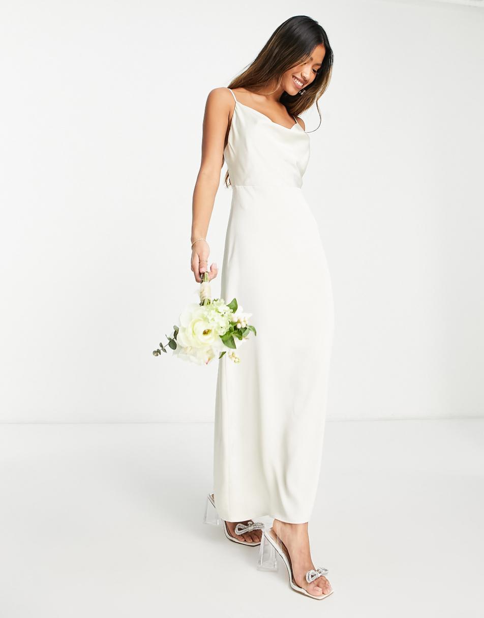 Vila Bridal satin cowl neck cami maxi dress in cream