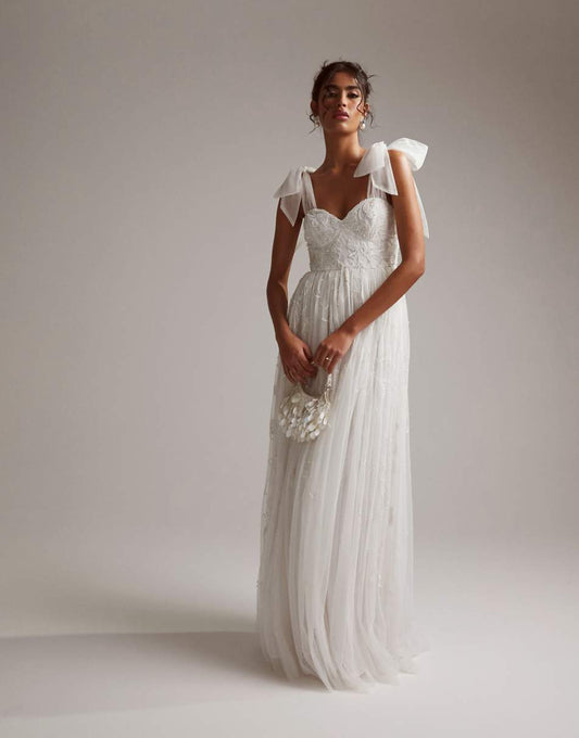 ASOS DESIGN Mila floral embellished mesh wedding dress with tie straps in ivory