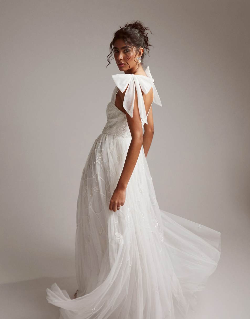 ASOS DESIGN Mila floral embellished mesh wedding dress with tie straps in ivory