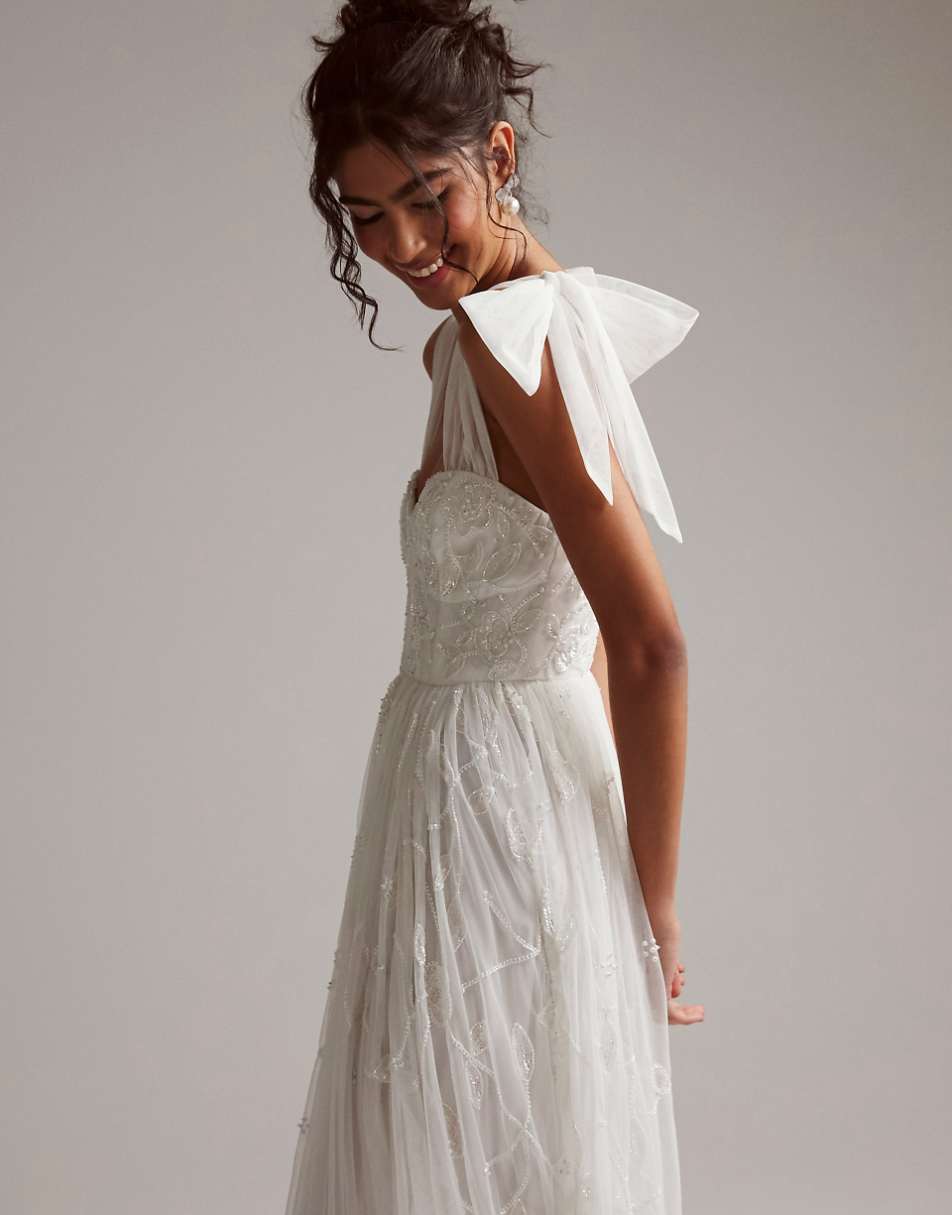 ASOS DESIGN Mila floral embellished mesh wedding dress with tie straps in ivory