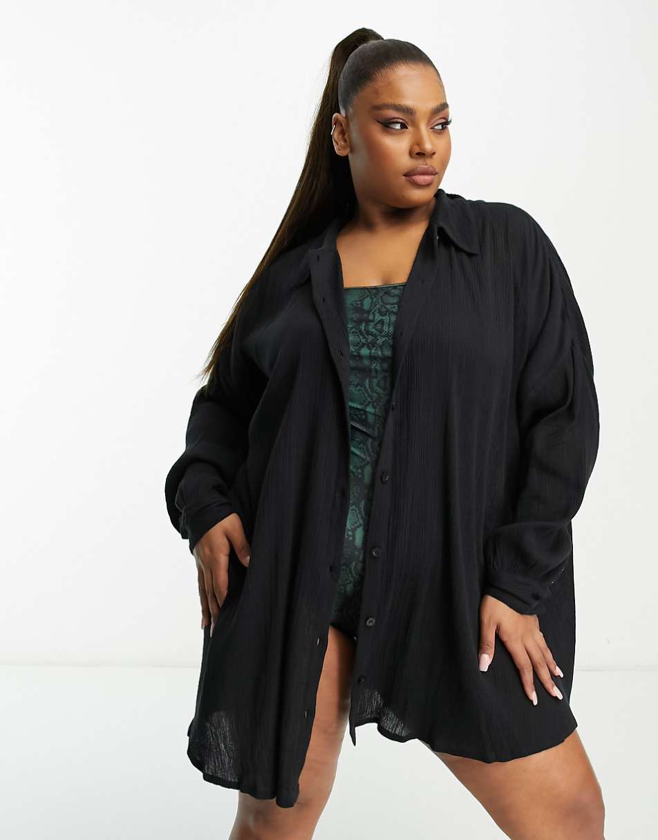 ASOS DESIGN Curve crinkle beach shirt in black