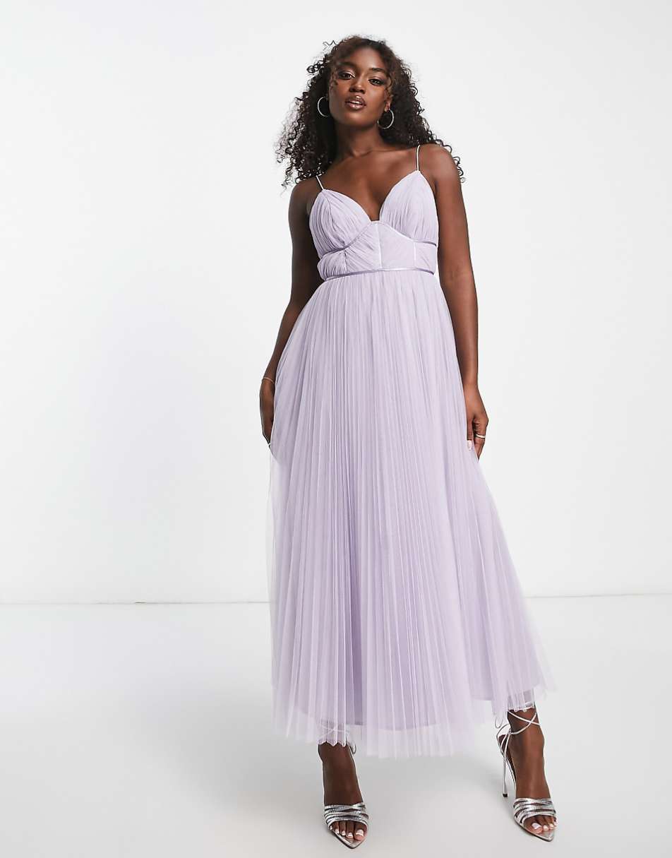 ASOS DESIGN Bridesmaid cami ruched bodice midi dress with pleated skirt in lilac