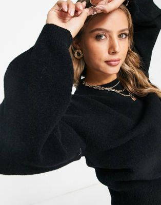 & Other Stories round neck balloon sleeve sweater in black