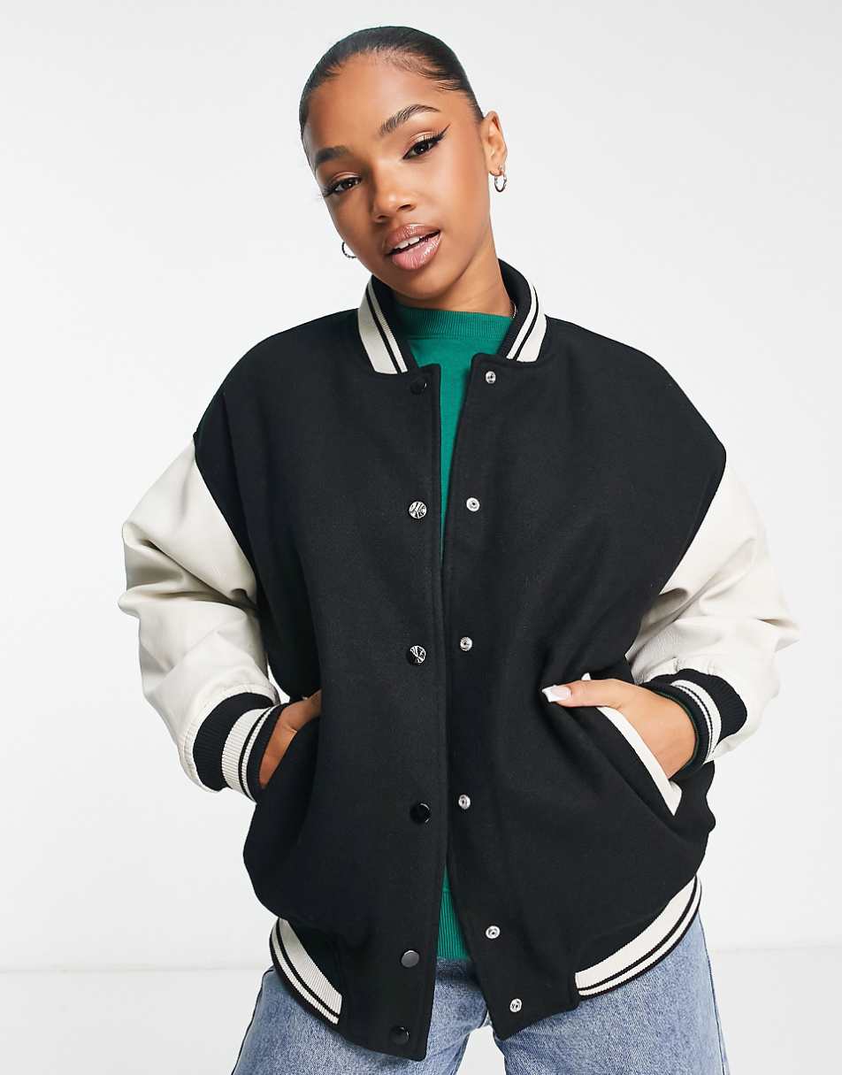 Pull&Bear oversized collegiate bomber jacket in black