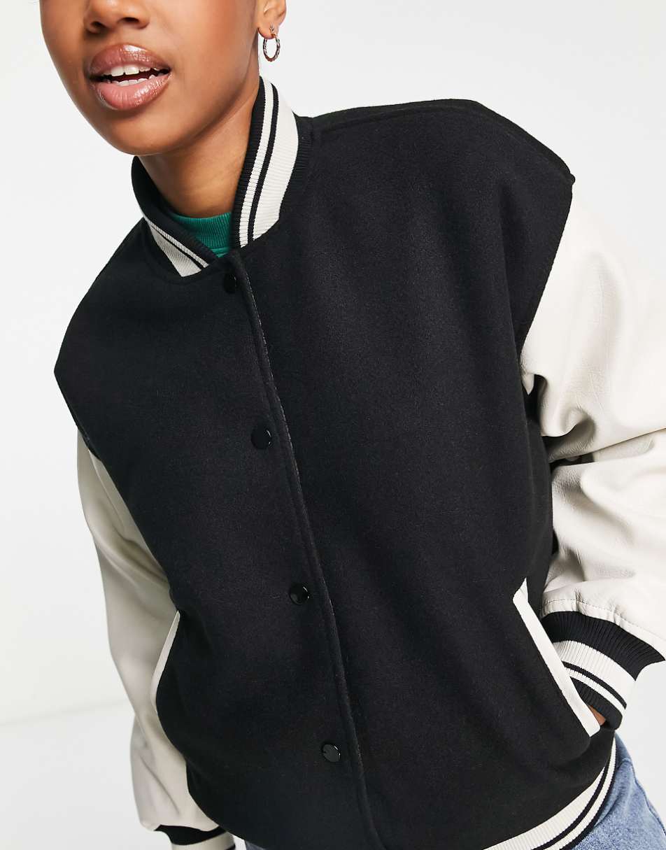 Pull&Bear oversized collegiate bomber jacket in black