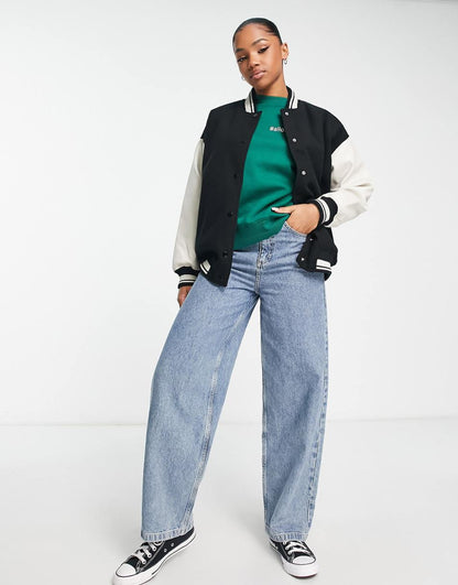 Pull&Bear oversized collegiate bomber jacket in black