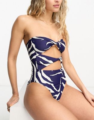 4th & Reckless amilla bandeau cut-out swimsuit in navy zebra print