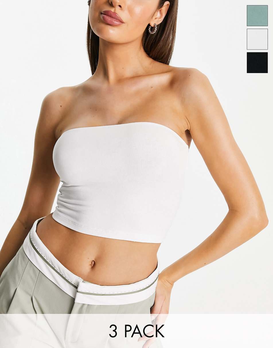 ASOS DESIGN ultimate bandeau crop top 3 pack - Black White & Khaki