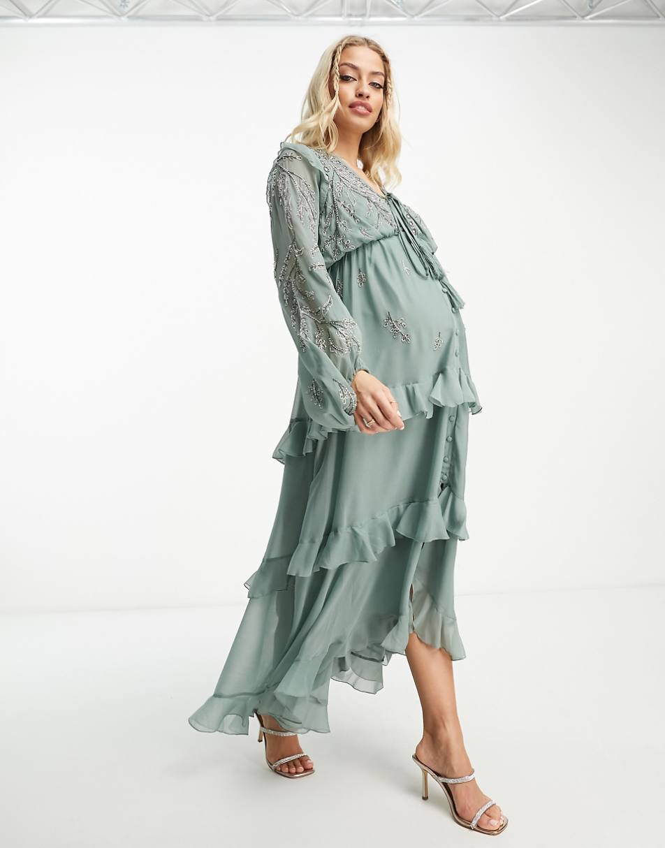 ASOS DESIGN Maternity soft midi dress with button front and trailing floral embellishment in sage