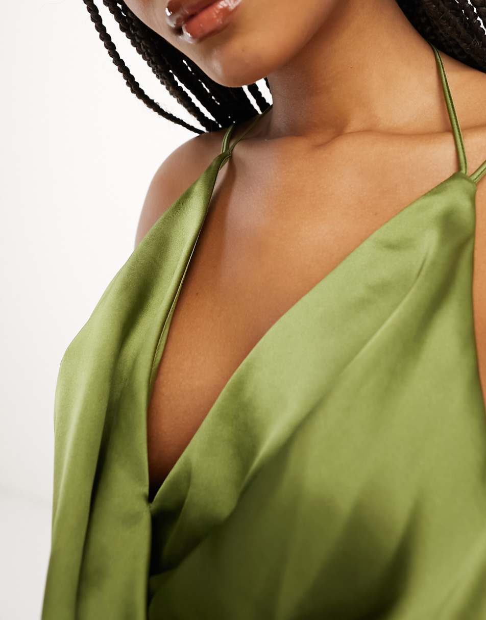 ASOS EDITION satin strappy back drape cami midi dress in olive green