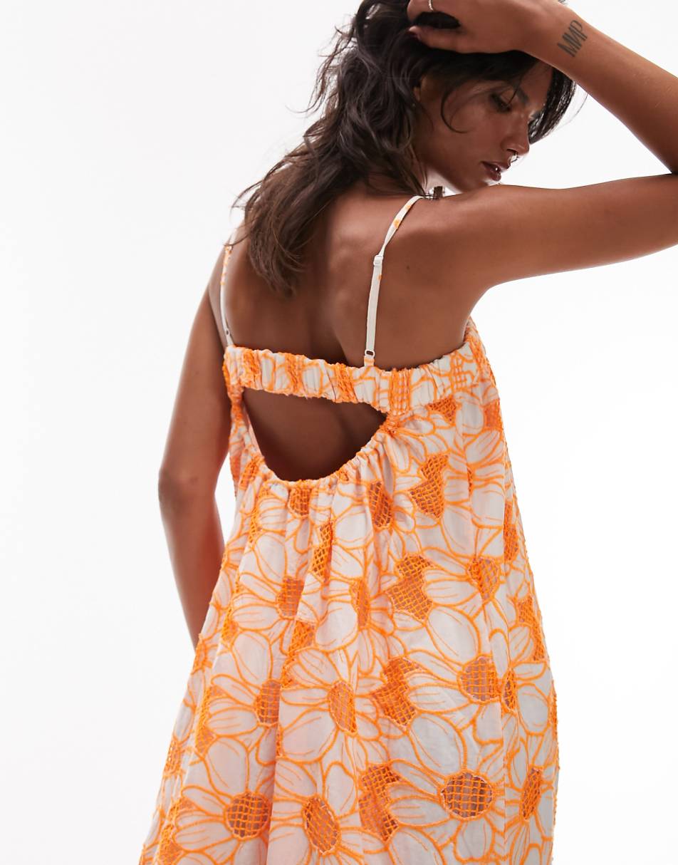 Topshop eyelet strappy chuck on midi dress in orange floral