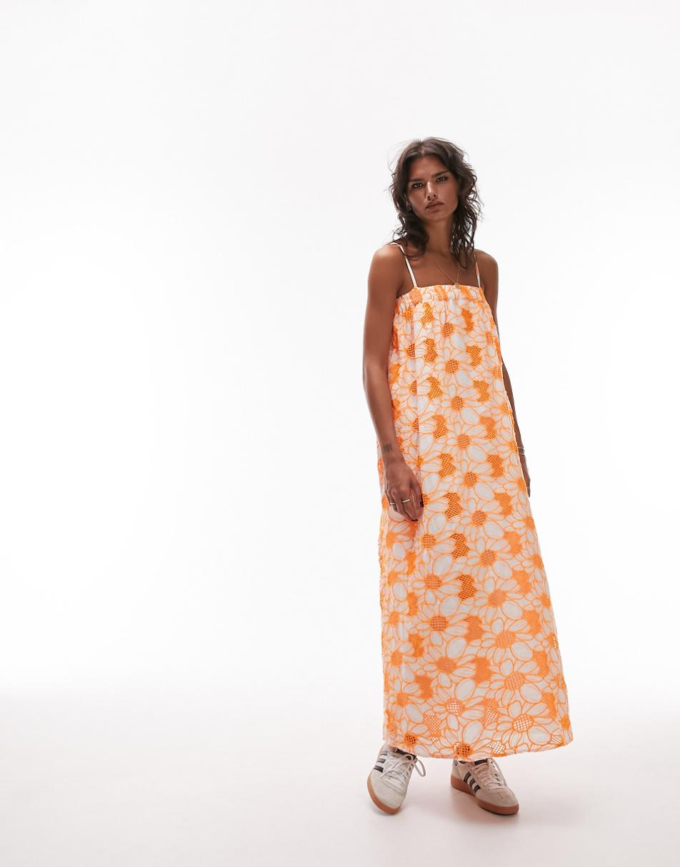 Topshop eyelet strappy chuck on midi dress in orange floral