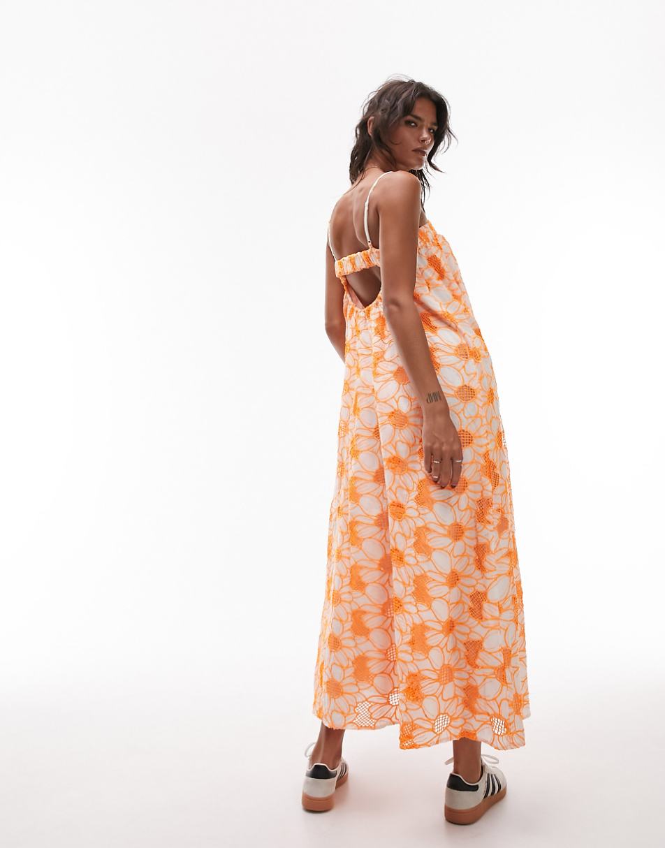 Topshop eyelet strappy chuck on midi dress in orange floral