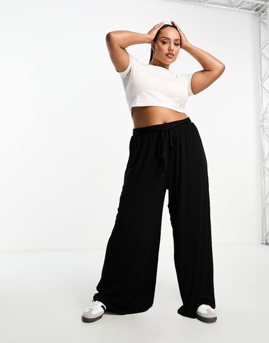 ASOS DESIGN Curve tie belt wide leg pants in black