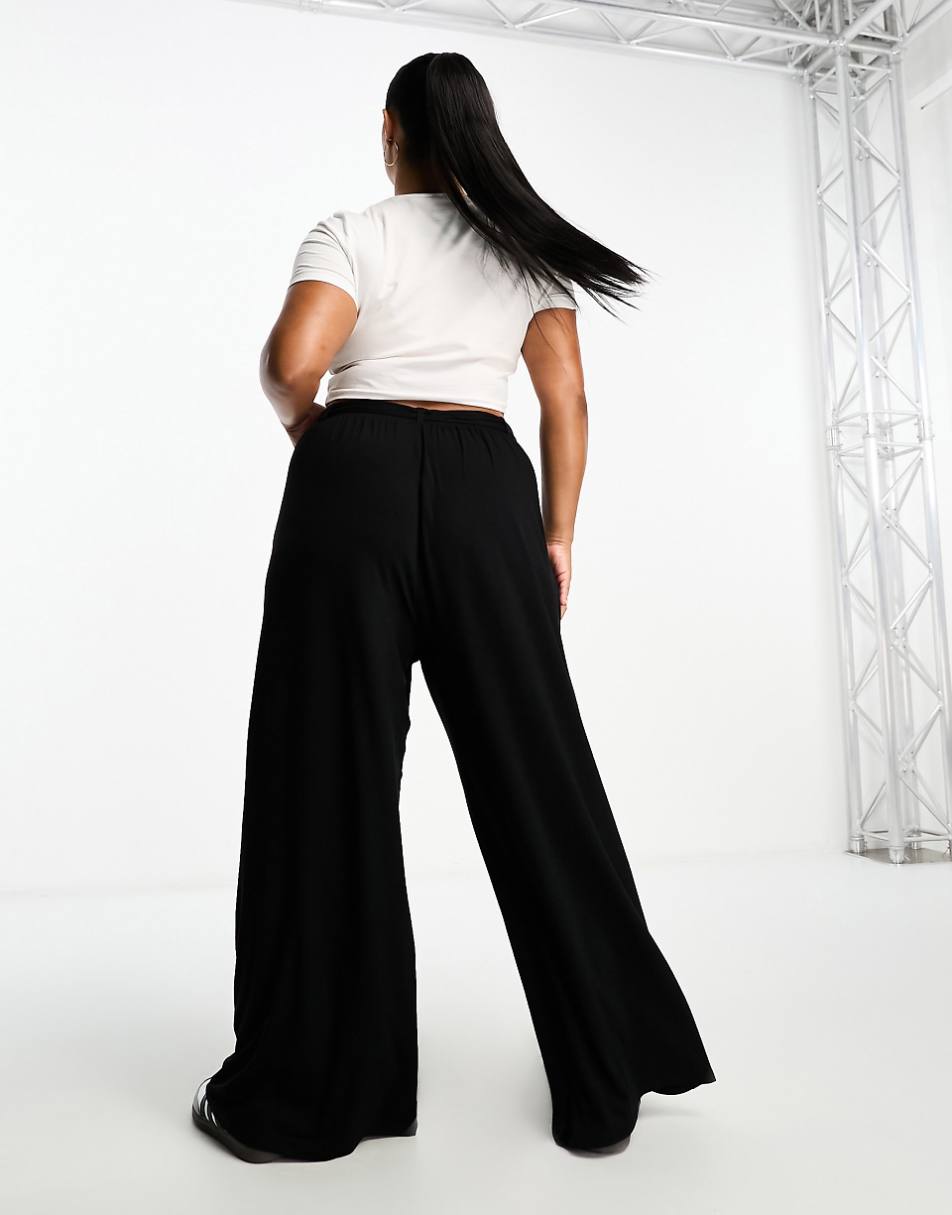 ASOS DESIGN Curve tie belt wide leg pants in black