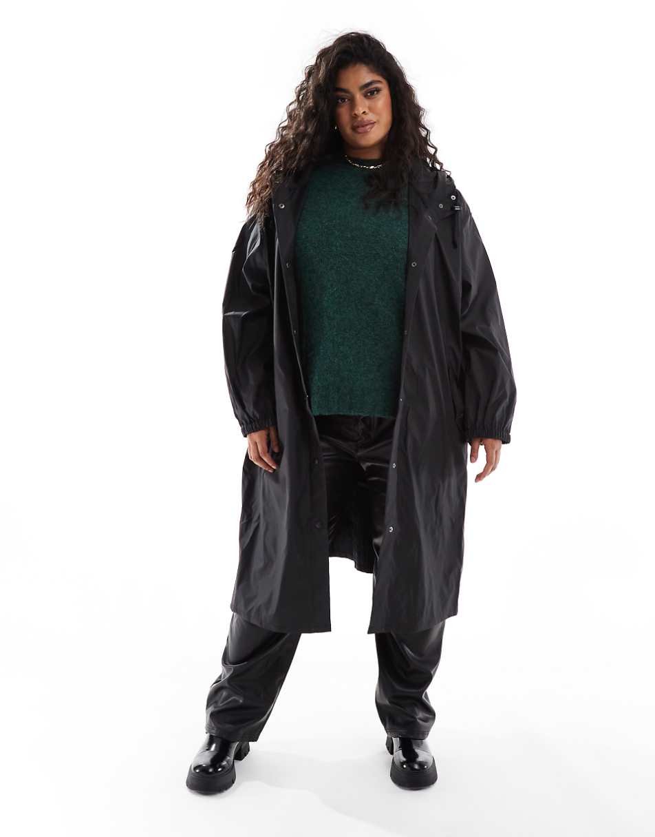 ASOS DESIGN Curve rubberized rain parka coat in black