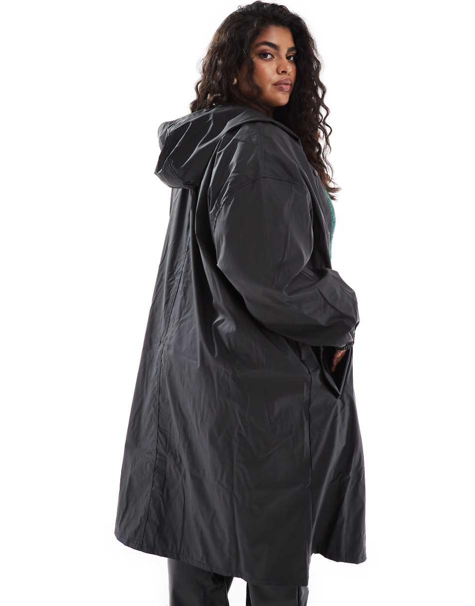 ASOS DESIGN Curve rubberized rain parka coat in black