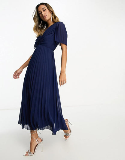 ASOS DESIGN pleated bodice flutter sleeve pleat midi dress in navy
