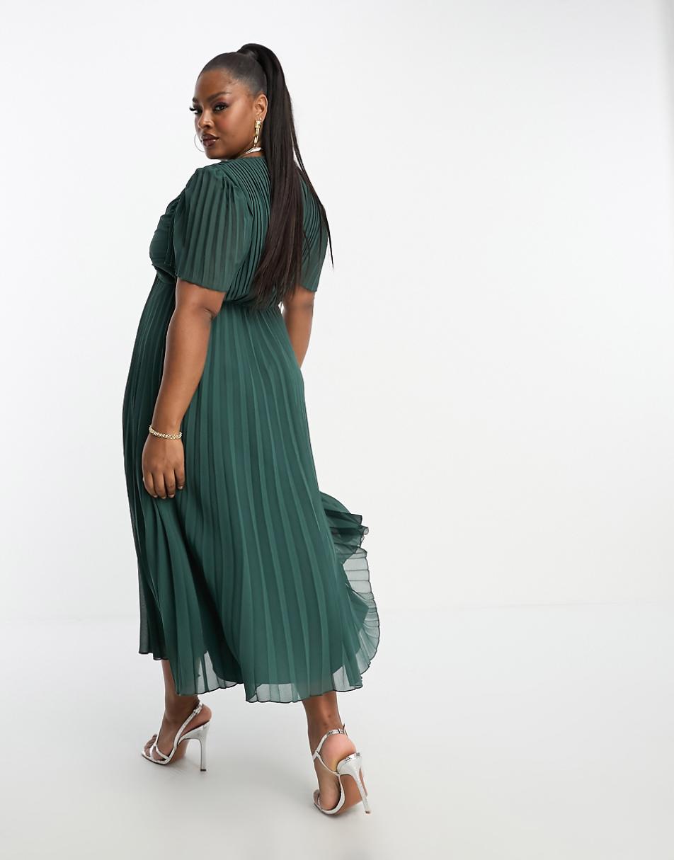 ASOS DESIGN Curve pleated bodice flutter sleeve pleat midi dress in pine green