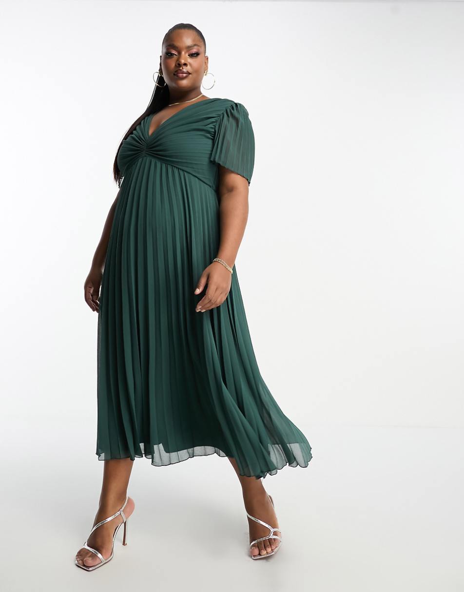 ASOS DESIGN Curve pleated bodice flutter sleeve pleat midi dress in pine green