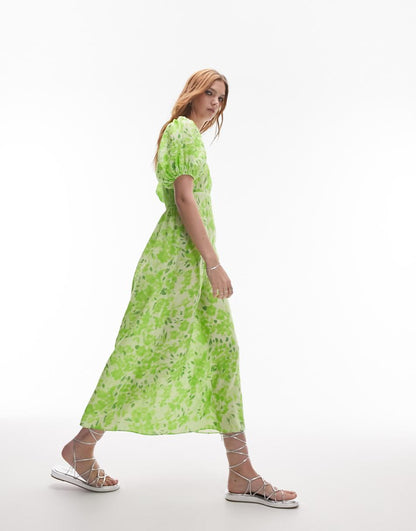 Topshop puff sleeve cut out midi dress in green floral
