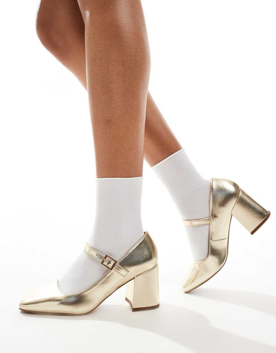 ASOS DESIGN Selene mary jane mid block heeled shoes in gold