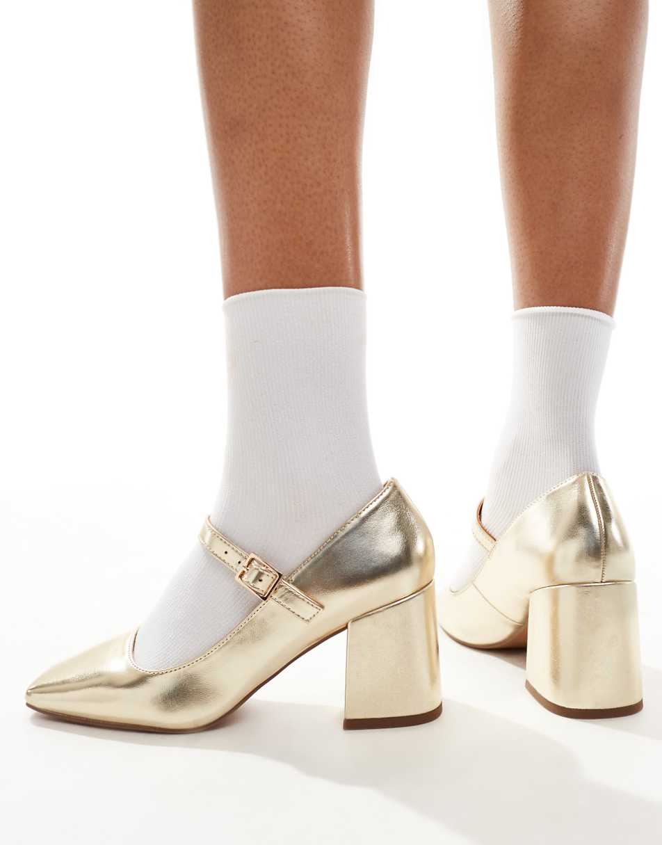 ASOS DESIGN Selene mary jane mid block heeled shoes in gold