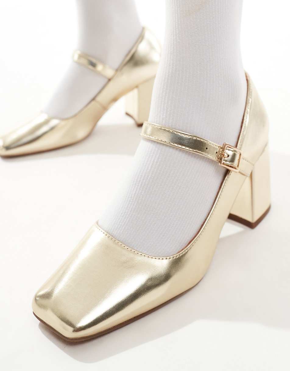 ASOS DESIGN Selene mary jane mid block heeled shoes in gold