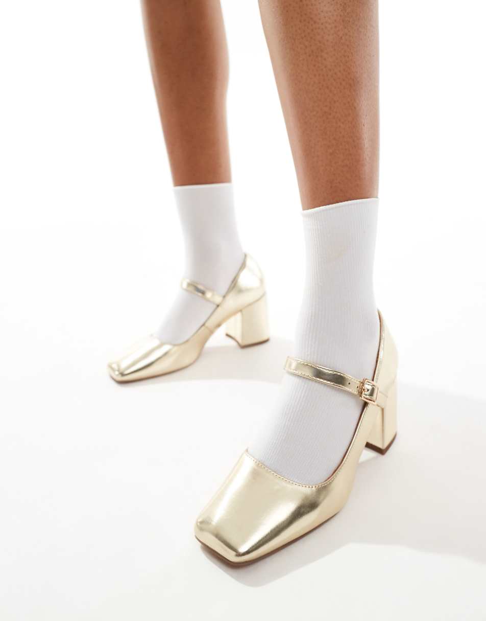 ASOS DESIGN Selene mary jane mid block heeled shoes in gold