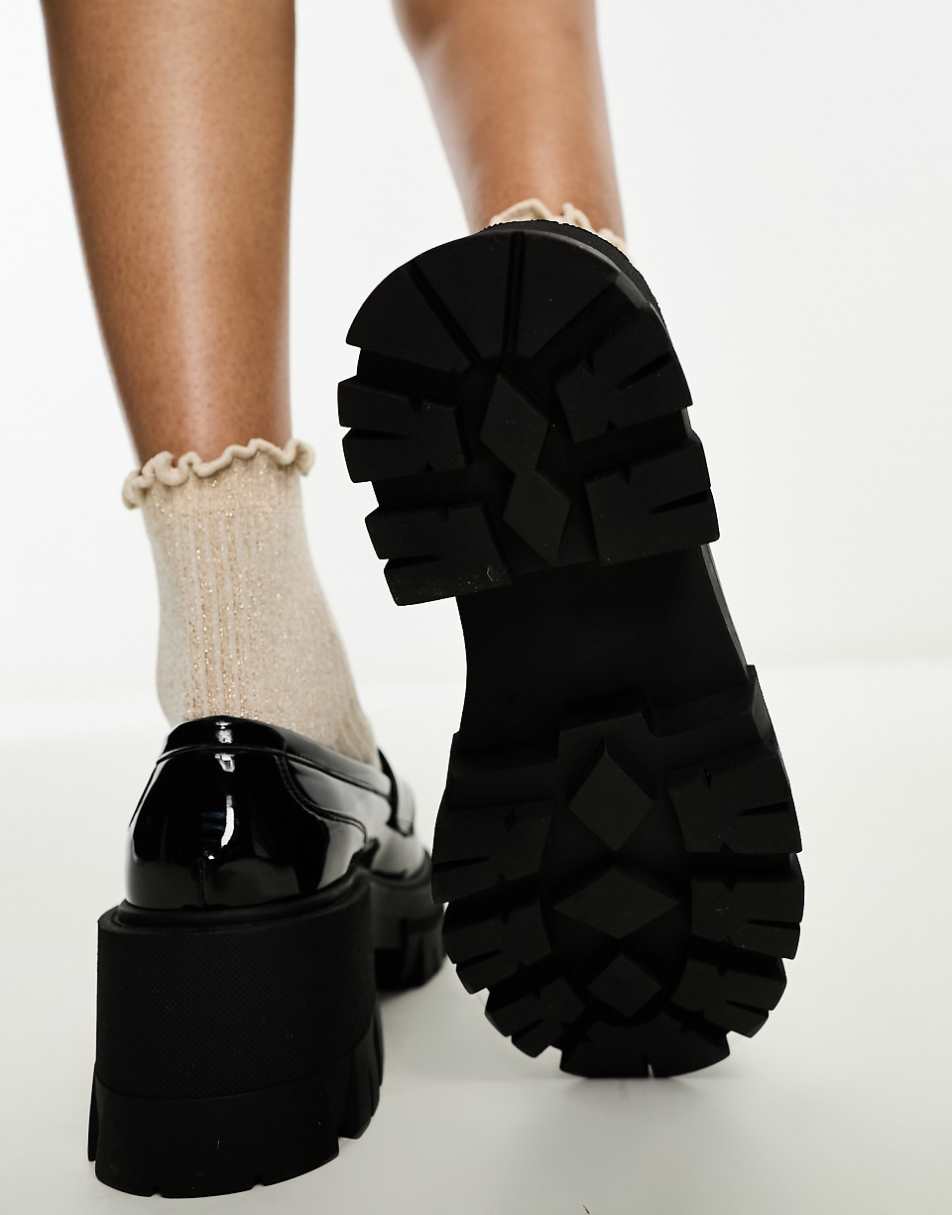 ASOS DESIGN Script chunky mid heeled loafers in black patent
