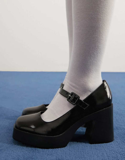 ASOS DESIGN Wide Fit Pound platform mary jane heeled shoes in black