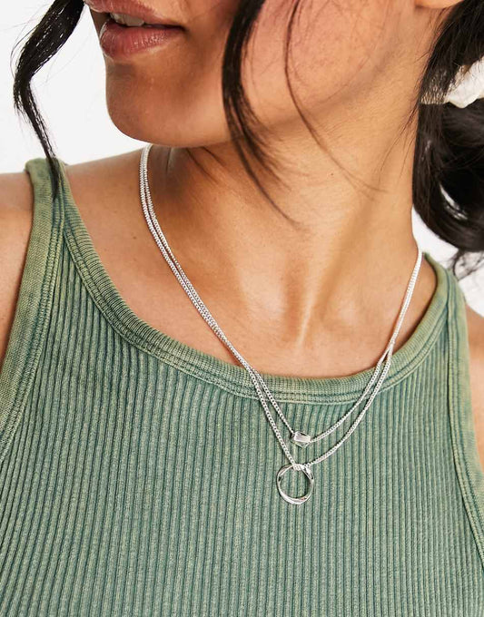 ASOS DESIGN multirow necklace with twisted bead and hoop design in silver tone