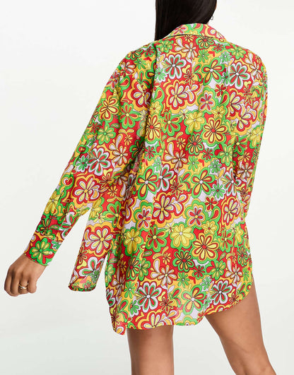 Only oversized beach shirt in bright 70s floral