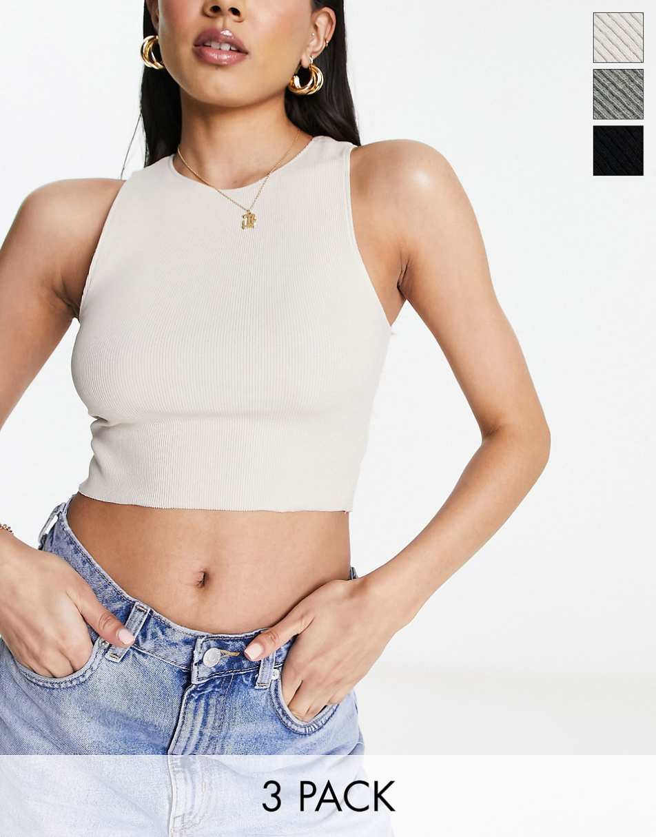 Pull&Bear 3 pack ribbed racer neck cropped top ecru, khaki & black