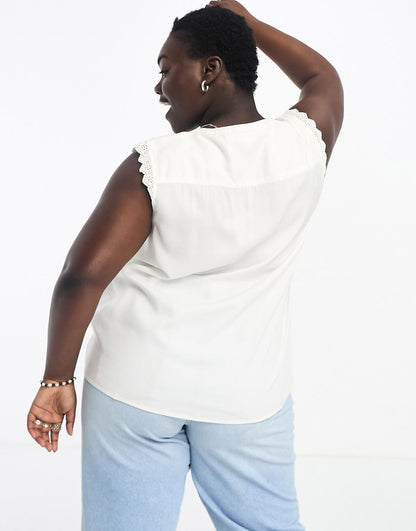 Only Curve V-neck blouse with crochet trim in white