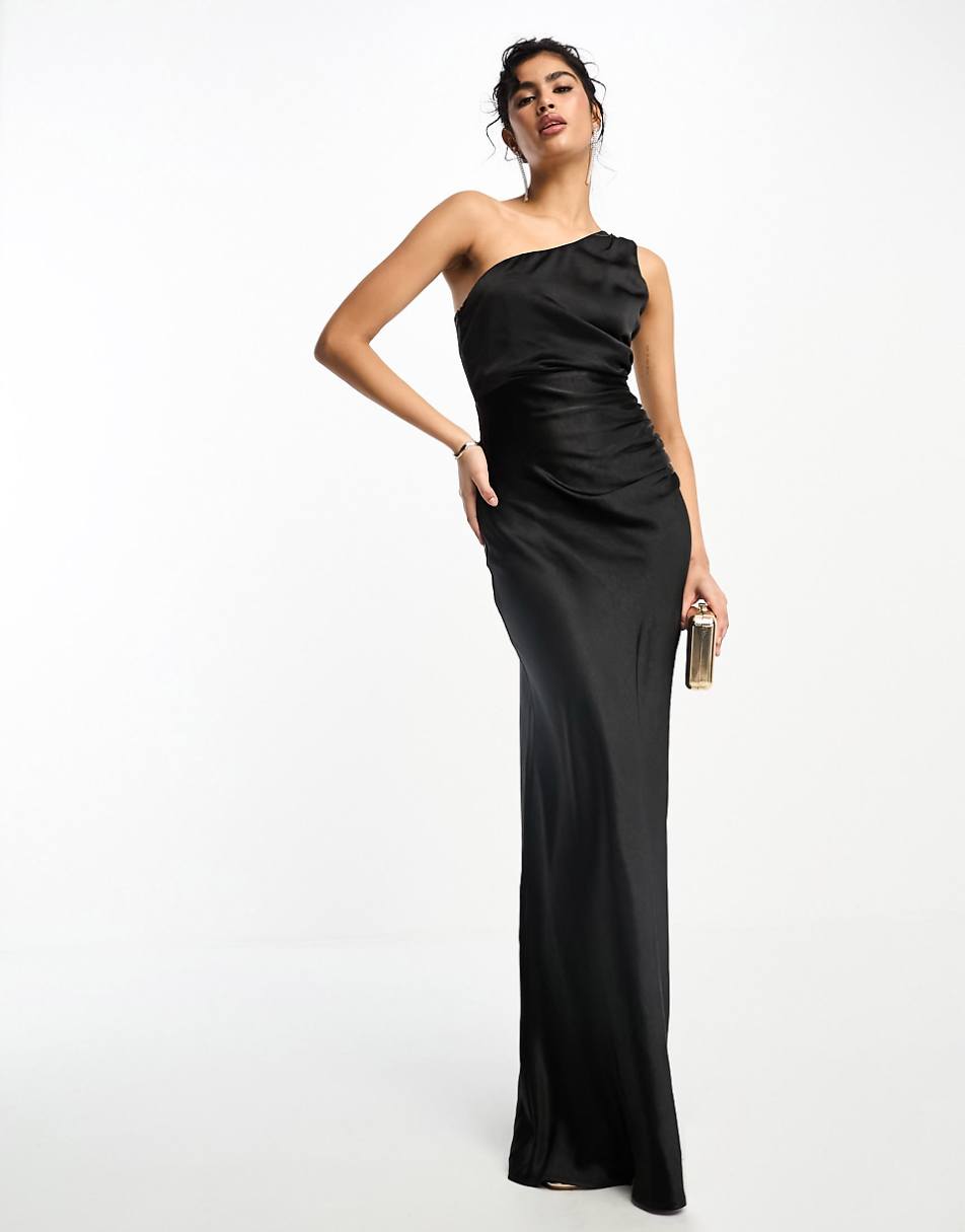 Six Stories Bridesmaids one shoulder satin maxi dress in black