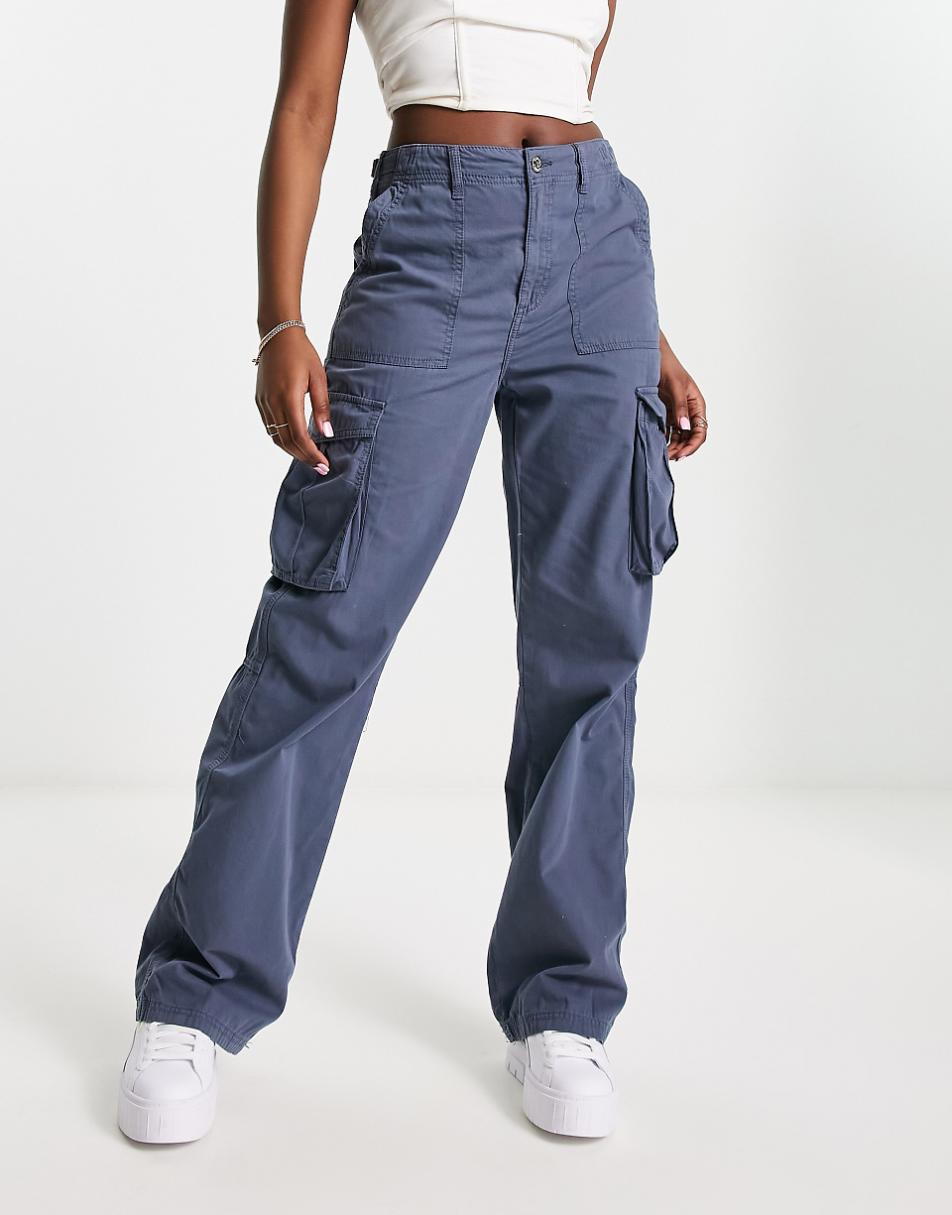 Bershka straight leg cargo pants in graphite blue