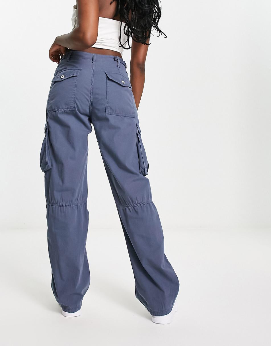 Bershka straight leg cargo pants in graphite blue