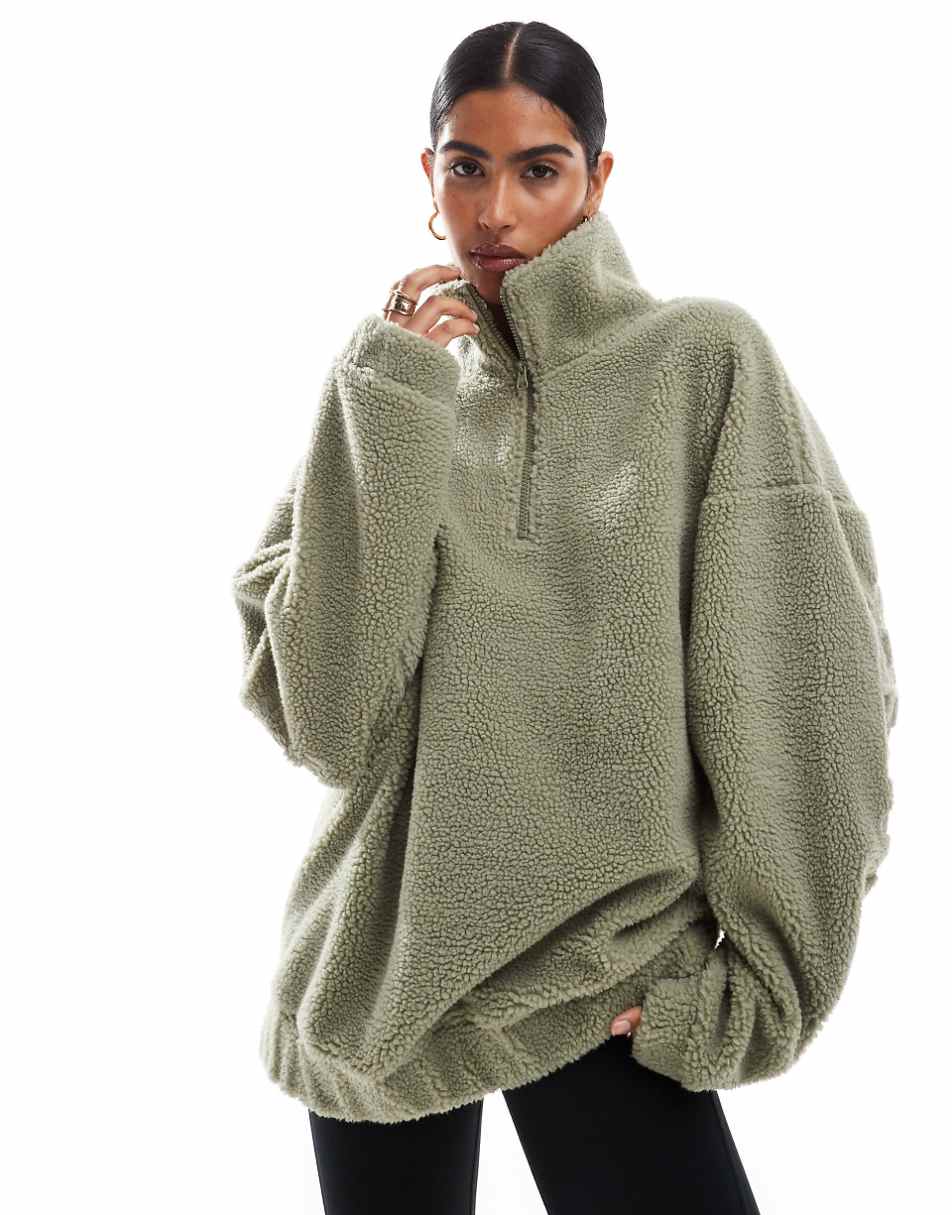 ASOS Weekend Collective oversized teddy half zip with burnout in sage green