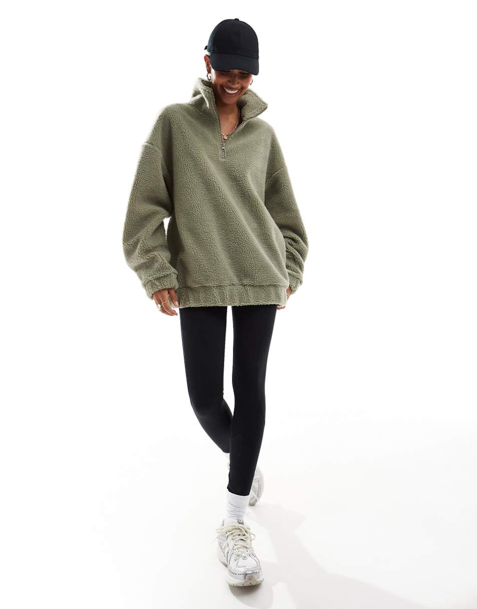 ASOS Weekend Collective oversized teddy half zip with burnout in sage green