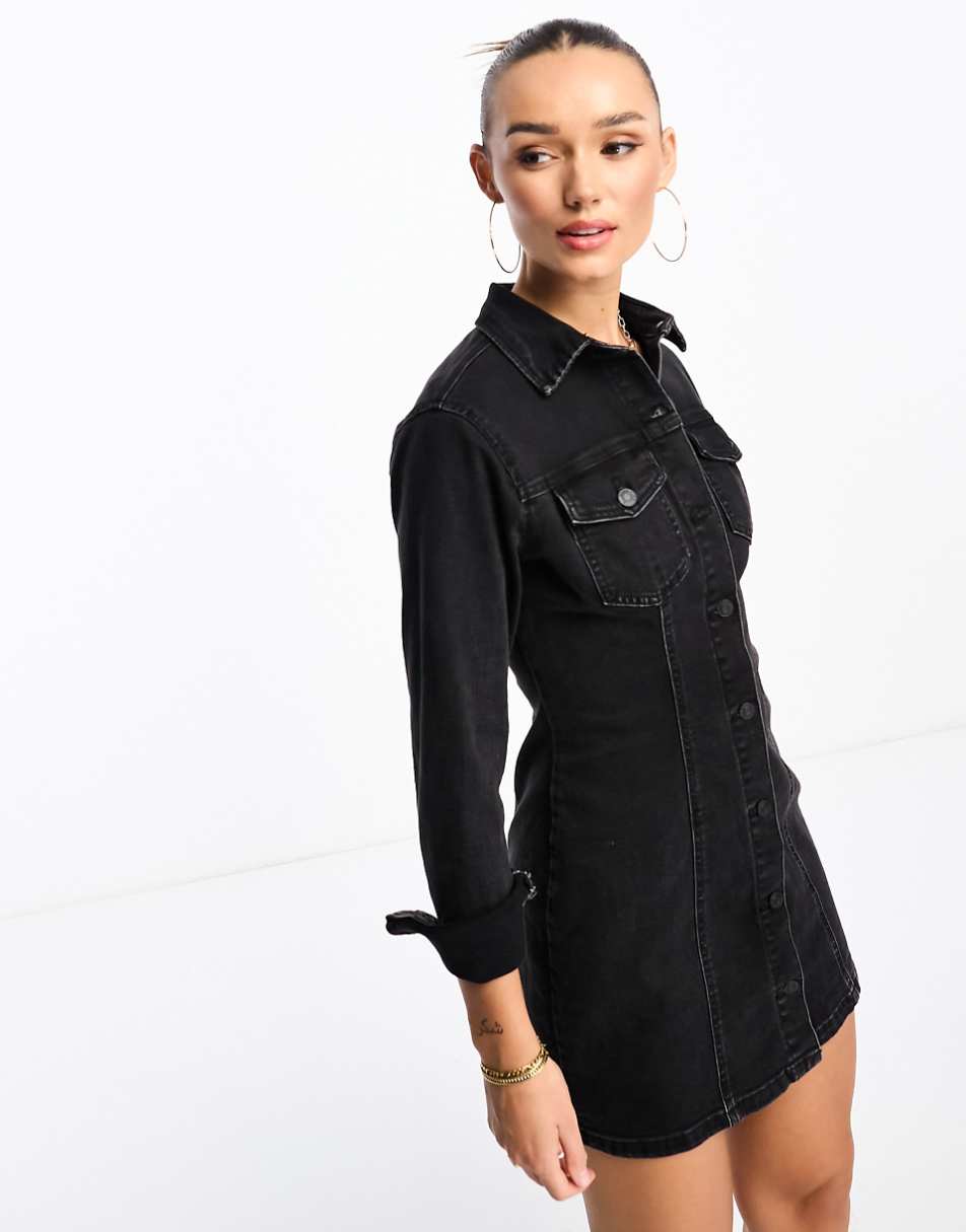 ASOS DESIGN Denim fitted shirt dress in black