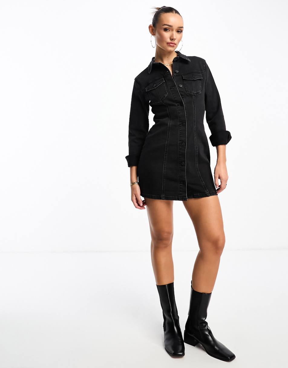 ASOS DESIGN Denim fitted shirt dress in black