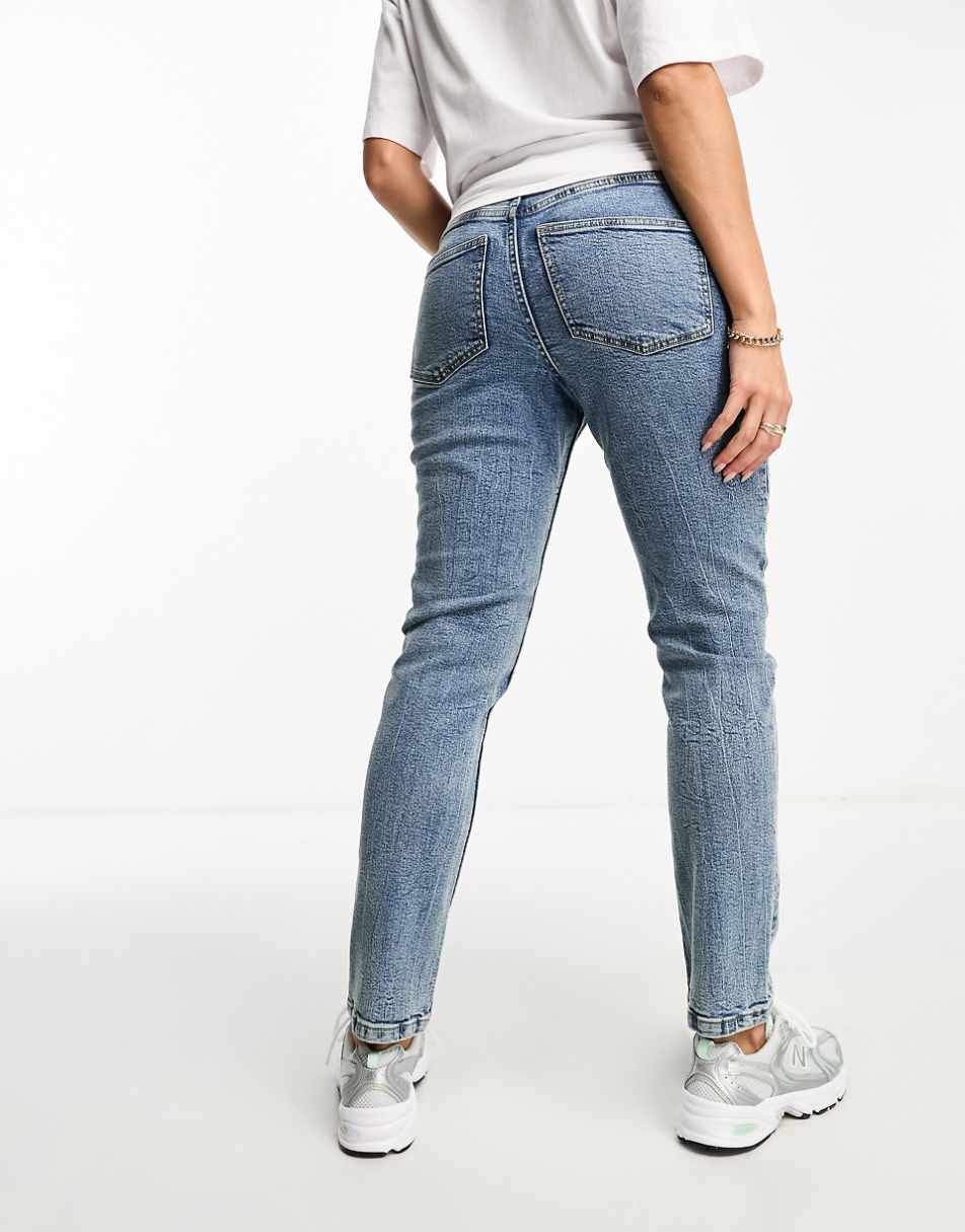 ASOS DESIGN Maternity slim fit comfort mom jeans in mid blue