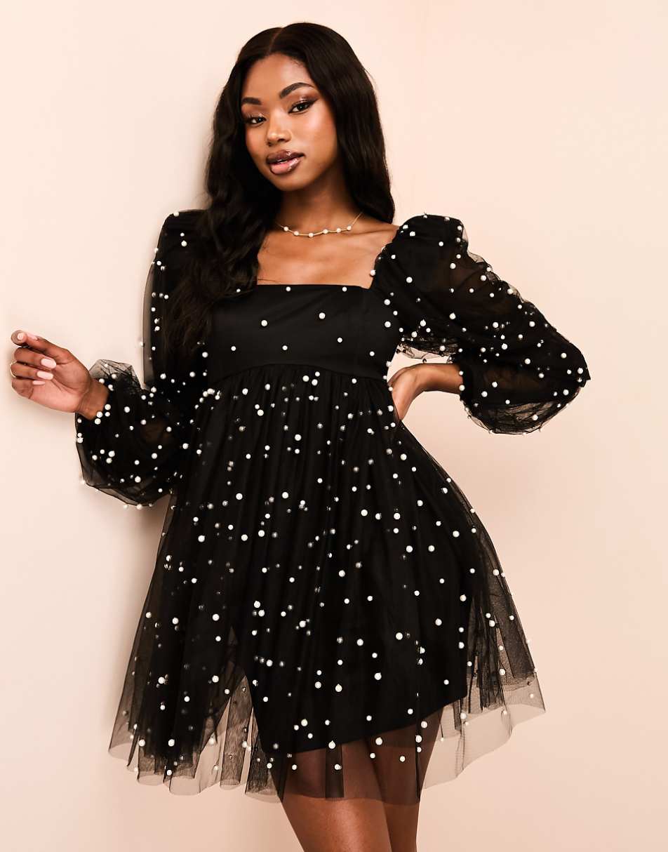 ASOS LUXE tulle baby doll dress with pearl embellishment in black