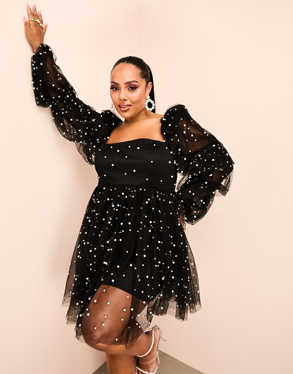 ASOS LUXE Curve tulle baby doll dress with pearl embellishment in black