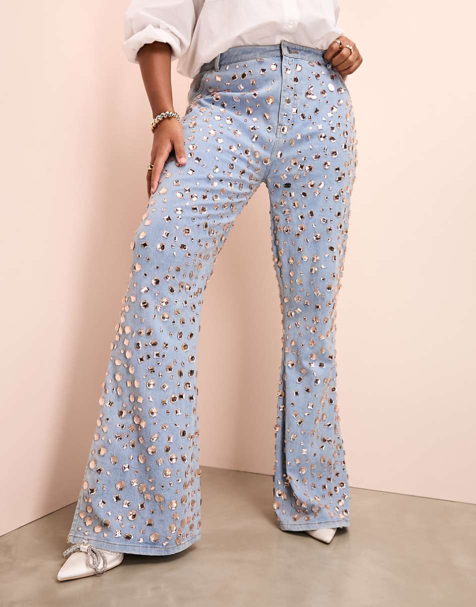 ASOS LUXE Curve jewel embellished denim flared jeans in mid wash blue