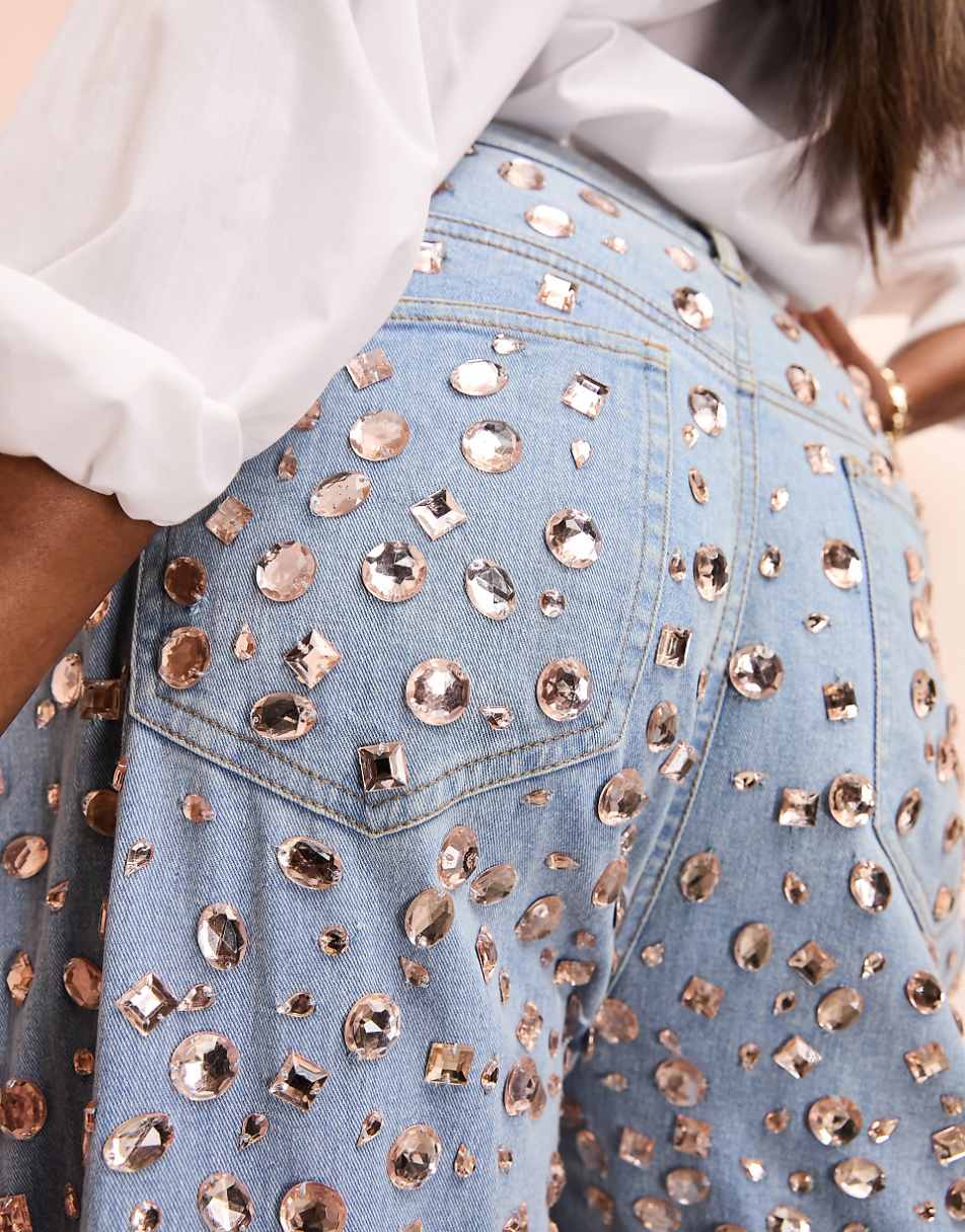 ASOS LUXE Curve jewel embellished denim flared jeans in mid wash blue