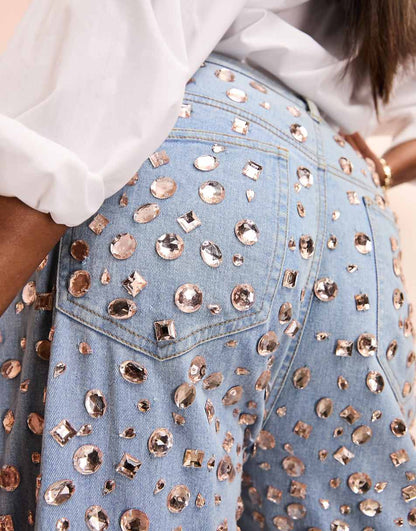 ASOS LUXE Curve jewel embellished denim flared jeans in mid wash blue