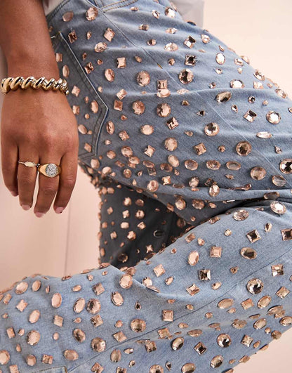 ASOS LUXE Curve jewel embellished denim flared jeans in mid wash blue