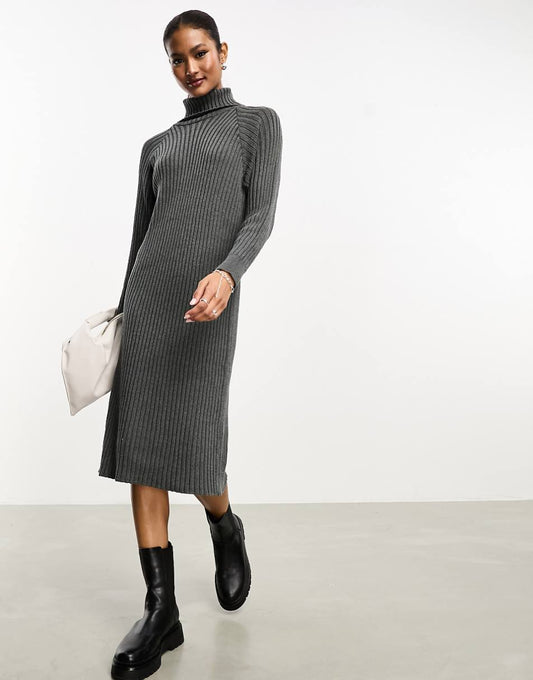 YAS ribbed roll neck sweater midi dress in gray